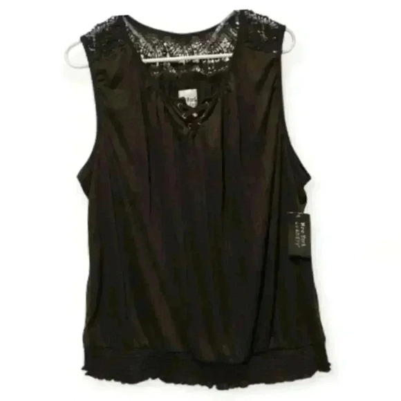 Shirt Top Short Sleeve Lace Detail  Brown Scrunch Waist - Picture 1 of 7